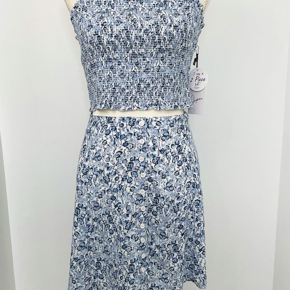 New Japna 2 Piece Set Crop Top & Mini Skirt Size L Blue Floral Summer Sun Dress